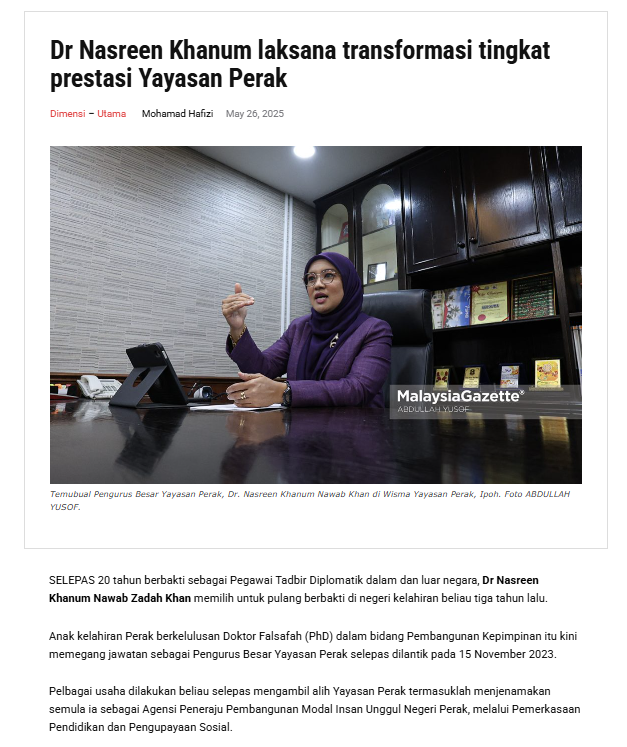 Dr Nasreen Khanum laksana transformasi tingkat prestasi Yayasan Perak